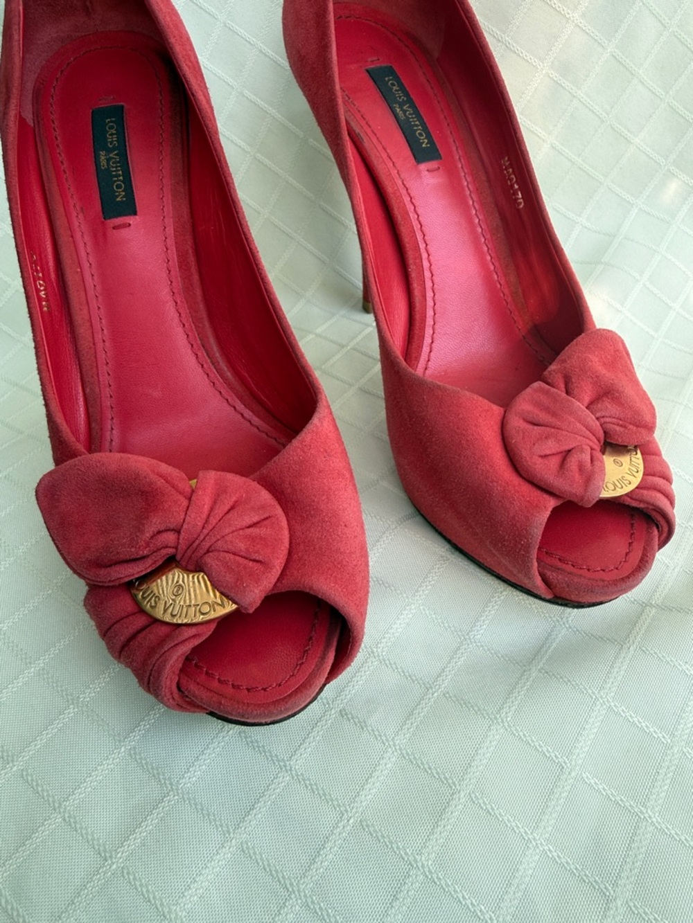 Vintage Red Coral Louis Vuitton Peep-Toe Heels with Bow and Gold Accent